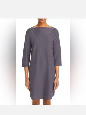 NEW Eileen Fisher Bateau Crepe Stretch Dress Medium Gray Drapey Minimalist Lagen